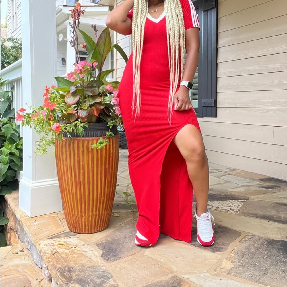 Vibrant Red Tee Dress with Sporty Stripes- NWOT